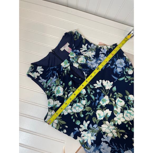 London Times Blue Floral Keyhole Pleated Midi Dress Sleeveless Womens Size 10P - Picture 4 of 8